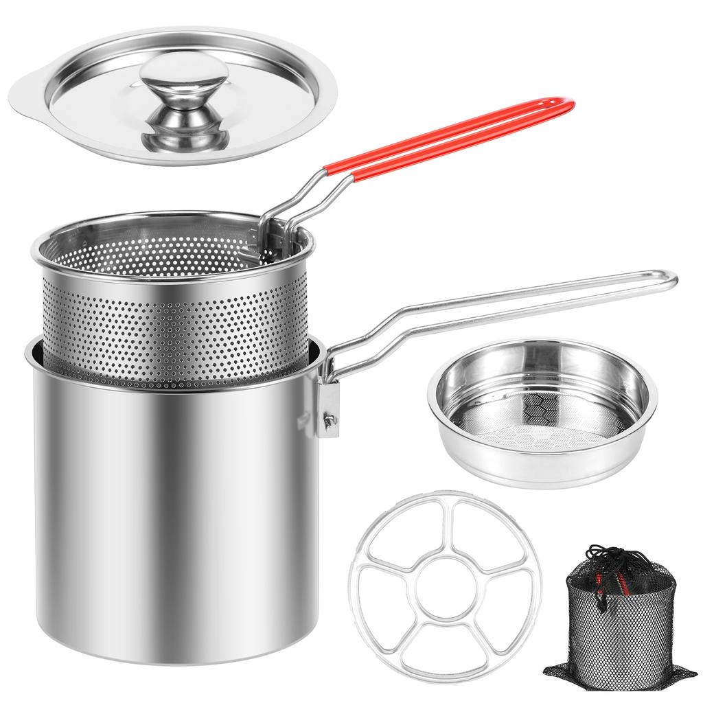 Deep Fryer Pots Stainless Steel Deep Frying Pot Portable Kitchen Oil Fryer Pots with Strainer Basket Handle and Lids for Cooking