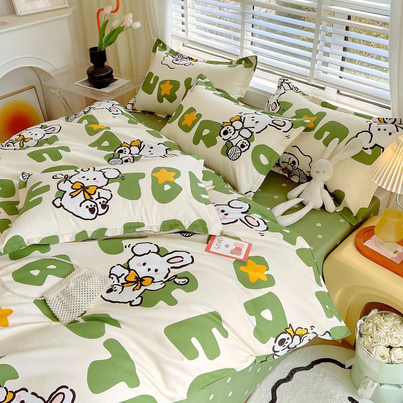 INS Double-sided Availability Pink Blue Cute Cat And Rabbit Bedding Set Duvet Cover Sheets With Pillowcases Full Size Bedroom