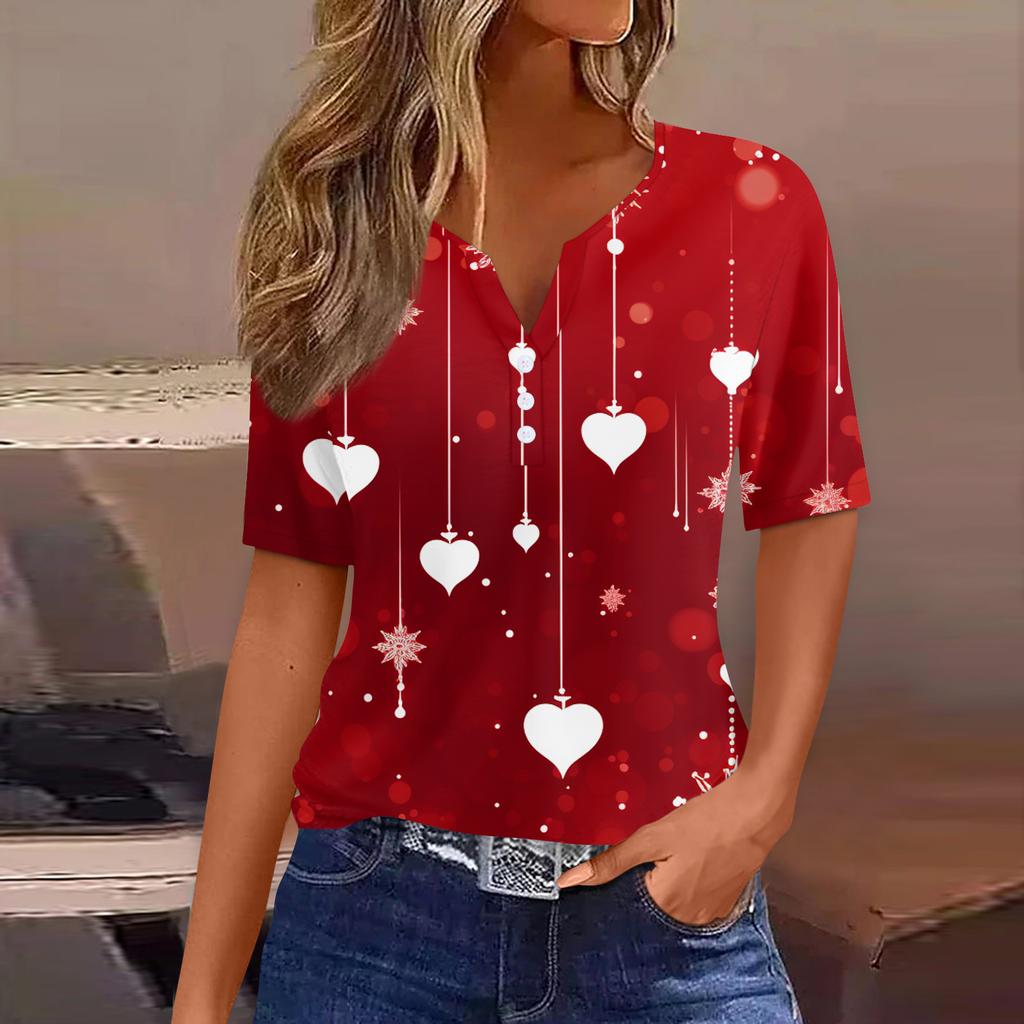Damen T-Shirt Tee Print Knopf Kurzarm Täglich Wochenende Mode Basic V-Ausschnitt Regulär Oberteil Valentinstag