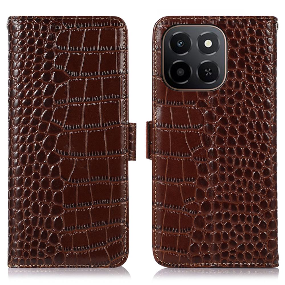 

For Honor X6c 4G Case RFID Blocking Wallet Crocodile Texture Genuine Cow Leather Phone Cover Brown