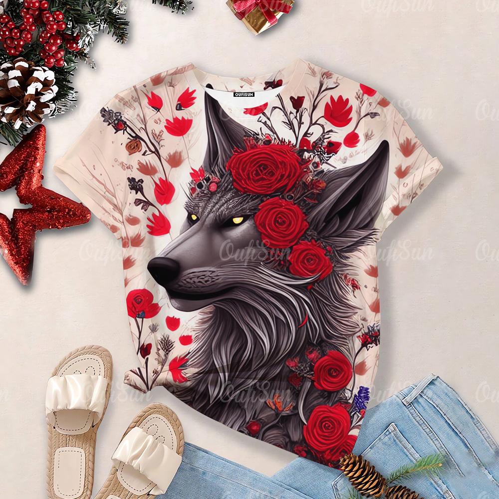 Nové dámské tričko s potiskem 3d Wolf Topy nadměrné velikosti Košile s kulatým výstřihem a krátkým rukávem Módní návrhářka Oblečení Madam Denní ležérní trička