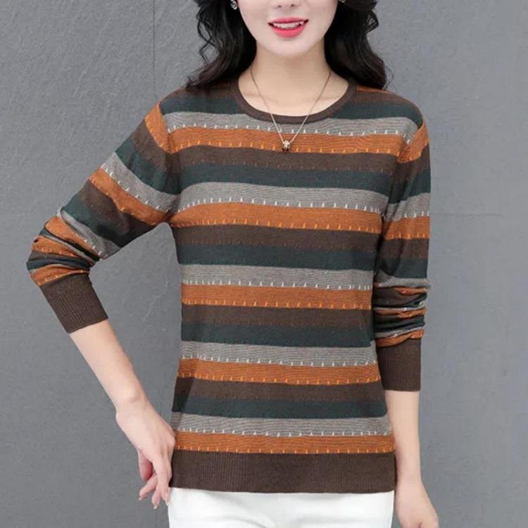 Women's Casual Pullover Knitted Sweater Tops with Contrast Color Striped Long Sleeve and Round Neck for Autumn Winter Comfortable