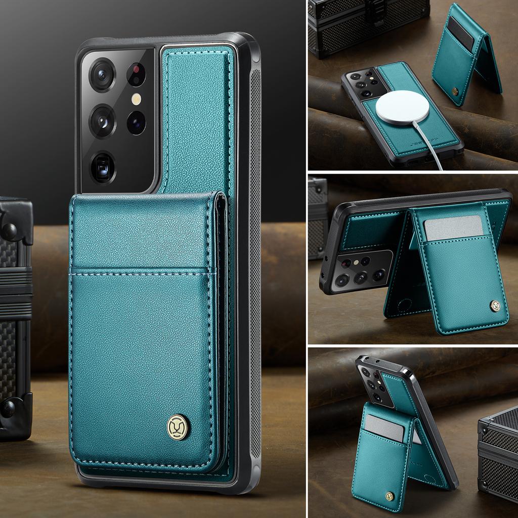 För Samsung Galaxy S21 Ultra 5G Läder Baksida Kompatibel med MagSafe JEEHOOD J06 Mobilskal med Kortfack RFID-blockering