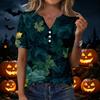 Women's Casual Short Sleeve V-Neck T-Shirt with Leaf Print and Decorative Buttons