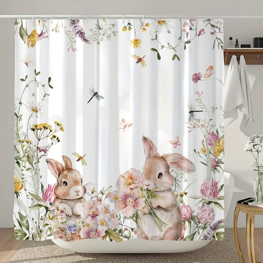 

Vikama Easter Bunny Shower Curtain Floral Butterfly Waterproof Mould-Resistant Privacy Screen With Hooks Room Divider Home Decor W60H190(CM)-1 Pcs