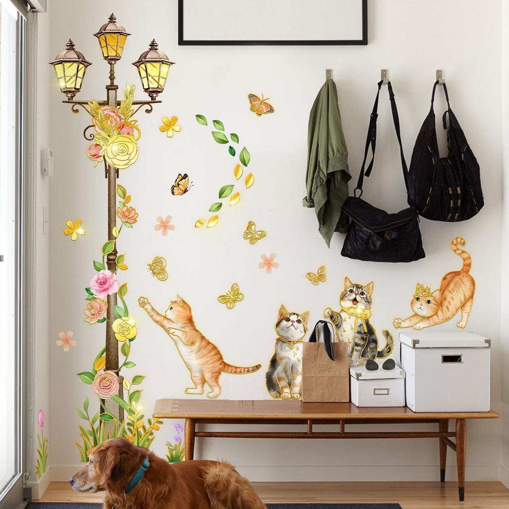 Tj17503 Hand-Painted Cat Street Lamp Flower Bronzing Wall Sticker Decoration Children'S Room Bedroom Background Self-Adhesive Wall