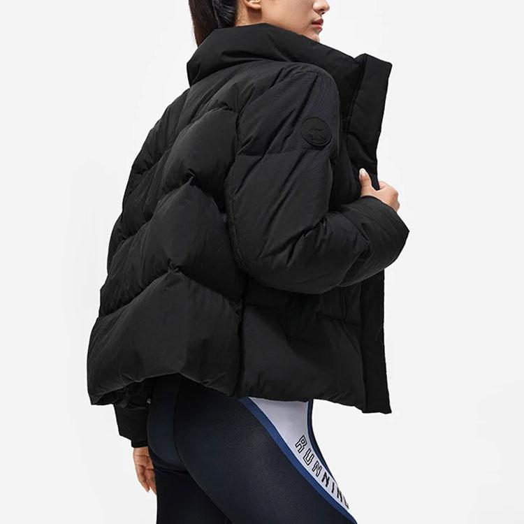 Li Ning Fitness Series FW23 Solid Color Stand Collar Water Resistant Anti Static Loose Down Jacket Women Outerwear Black AYMT096-3