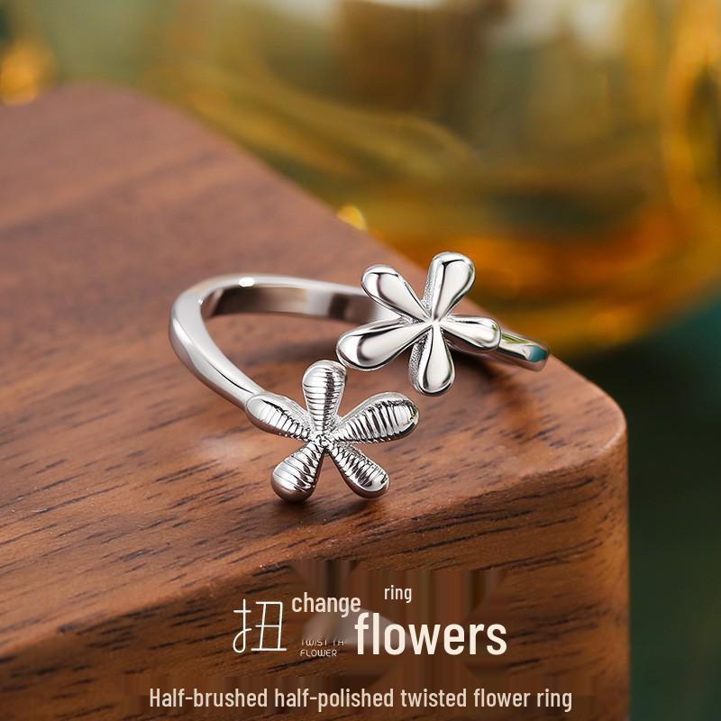 Glossy Brushed Floral Open Ring for Women - Adjustable, Minimalist Japanese Korean Style
