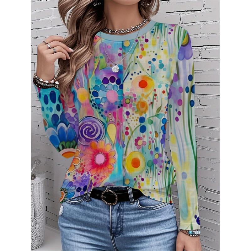 Maglione Largo da Donna 2026 Primavera, Estate, Autunno e Inverno Nuovo Design Stampato Top T-shirt a Manica Lunga Girocollo Taglia Larga