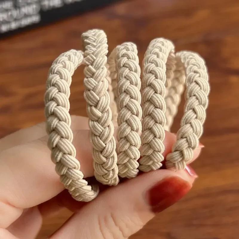 5PSC Simple Braided Hair Tie Coffee Highly Elastic Hair Rope Durable Nylon Rubber Band Women Girl
