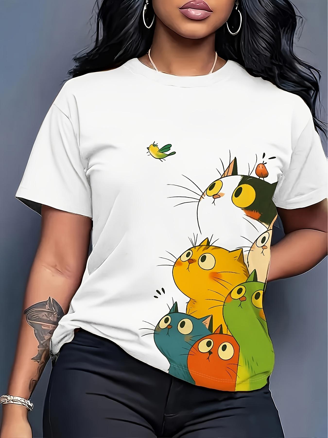 Colorful Cat Print White T-shirt. Cute Cartoon Animal Pattern. Loose Short-sleeved Top. Cute and Fun Outfit for M дубильная кора
