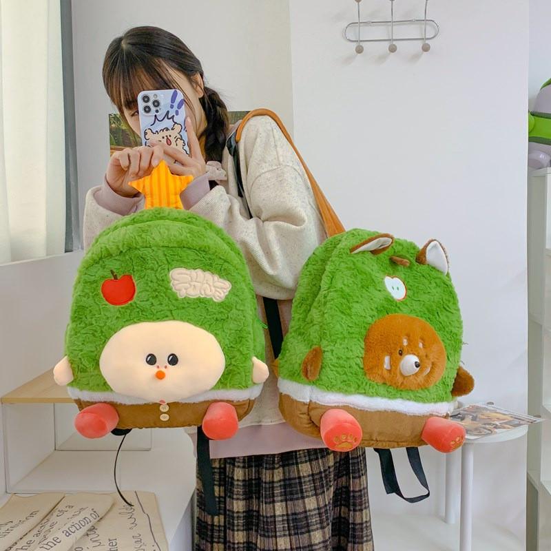 Bear Sheep Apple Pattern Plush Backpack Breathable Shoulder Schoolbag Straps