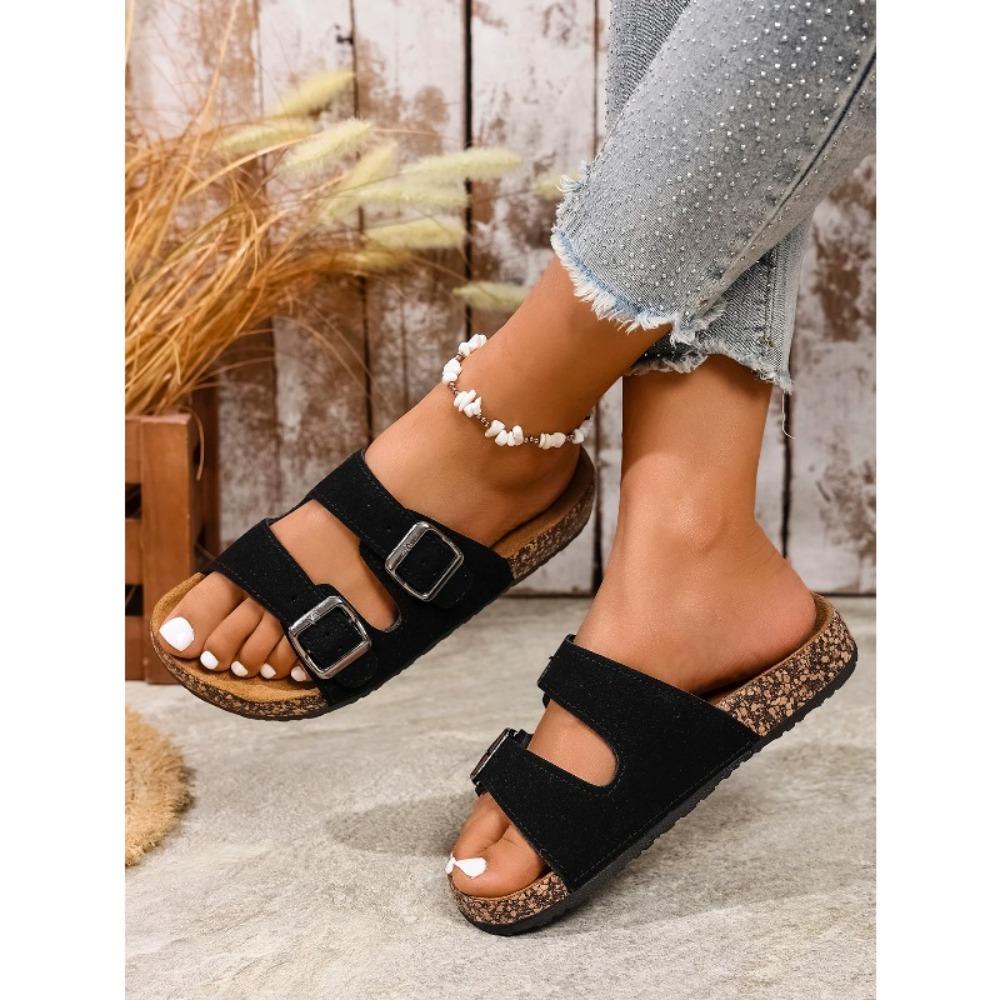 Women's Teen Mules New Spring and Summer Vintage Casual Slip-On Shoes Pu Upper Double Strap Half Slippers with Adjustable Buckle
