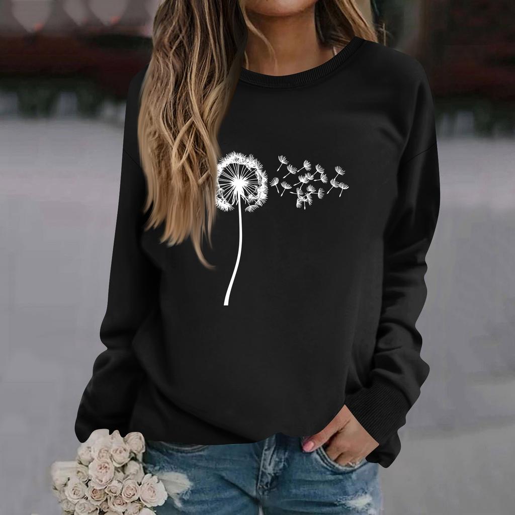 Mote for kvinner, avslappet langermet ensfarget trykket genser med rund hals