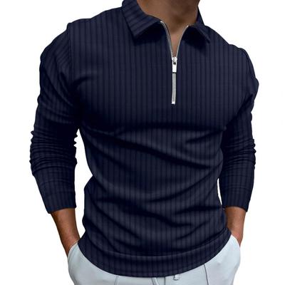 Herbst Herren Hemd Reißverschluss Umlegekragen Lange Ärmel Reine Farbe Gestreift Slim Fit Pullover Formeller Business-Stil Tägliches Top