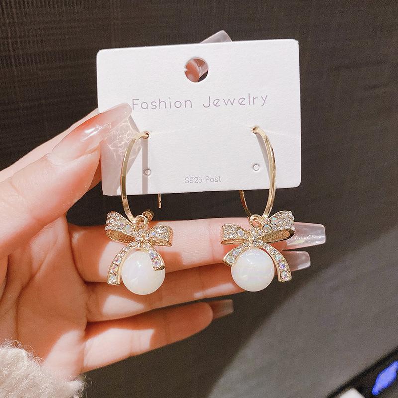 1Pair Elegant Butterfly Knot Zircon Pearl Earrings For Women Girls Sweet Vintage Exquisite Fashion Earrings Jewelry Accessories onesize