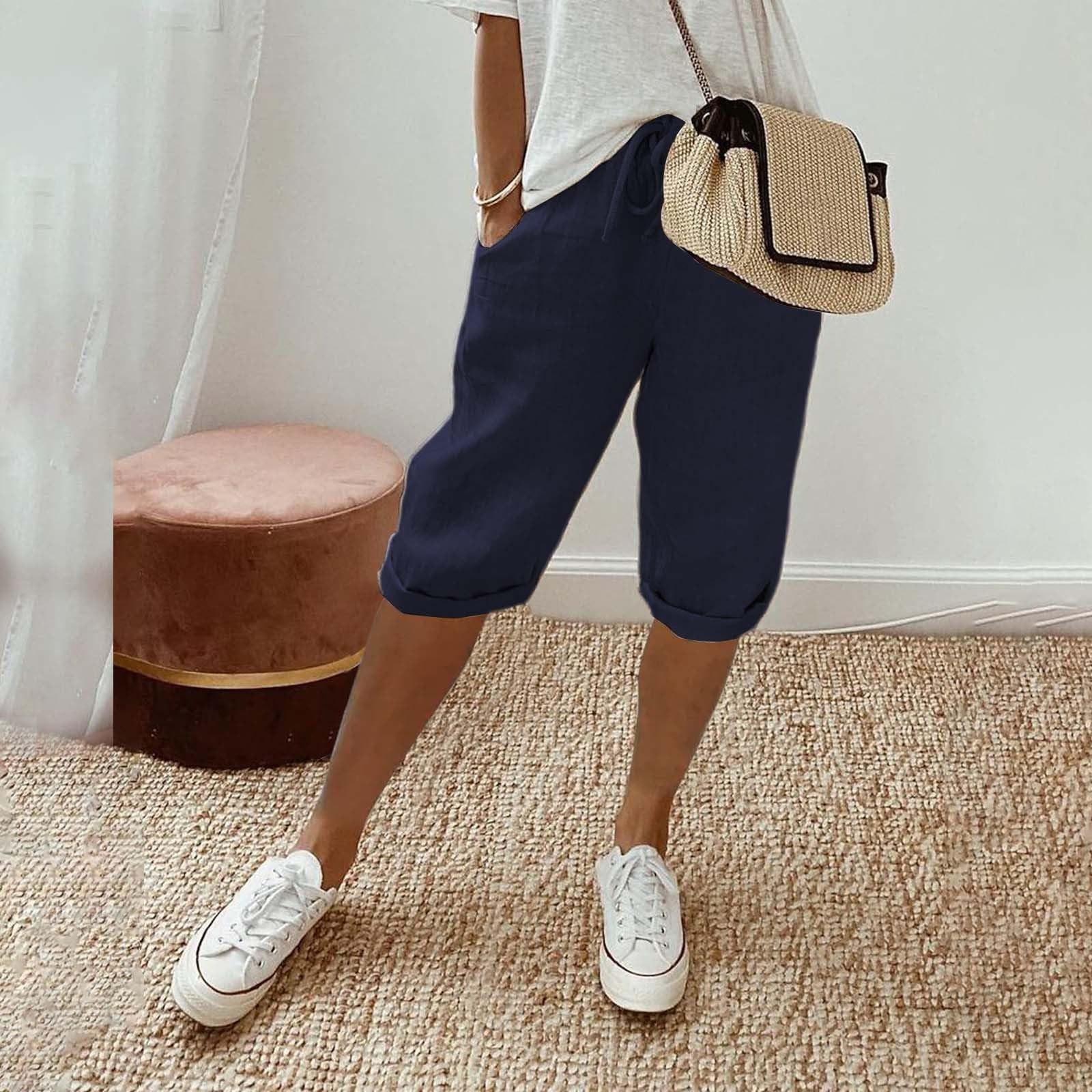 

Женские льняные шорты, повседневные шорты с высокой талией, шорты на шнурке с карманами XL синий