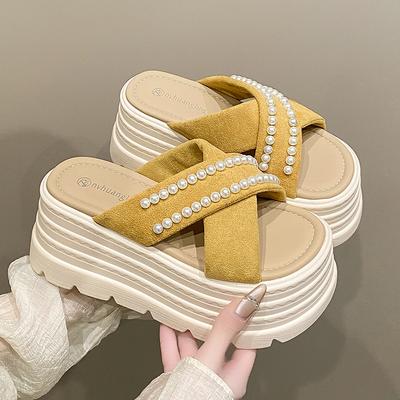 8CM Heels Chunky Slippers For Women Open Toe High Platform Leather Sandals Woman New Summer Thick Bottom Beach Bling Flip Flops