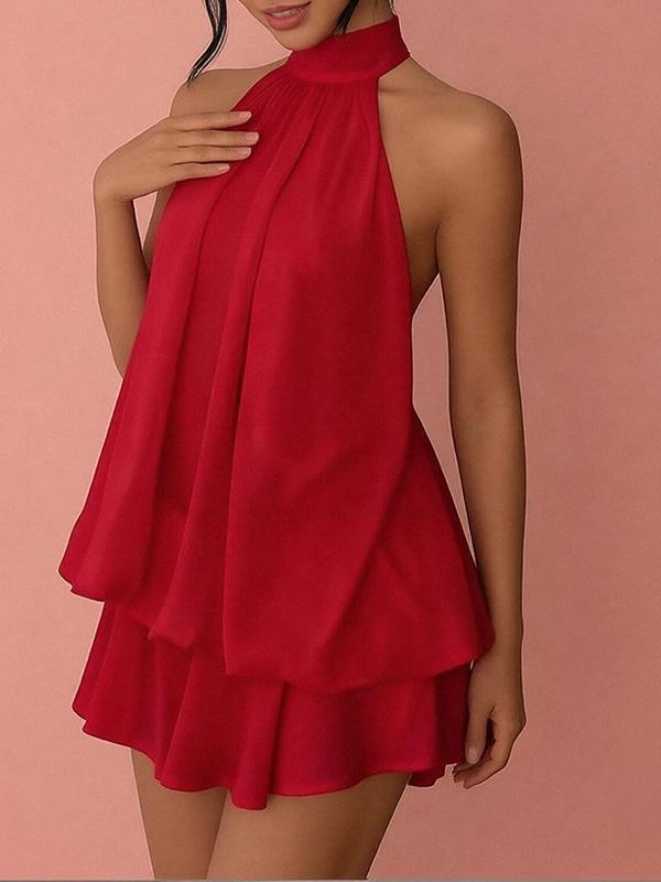 European & American Women's Backless Halter Strap Dress - Holiday Slim Fit with Puffy Short Skirt