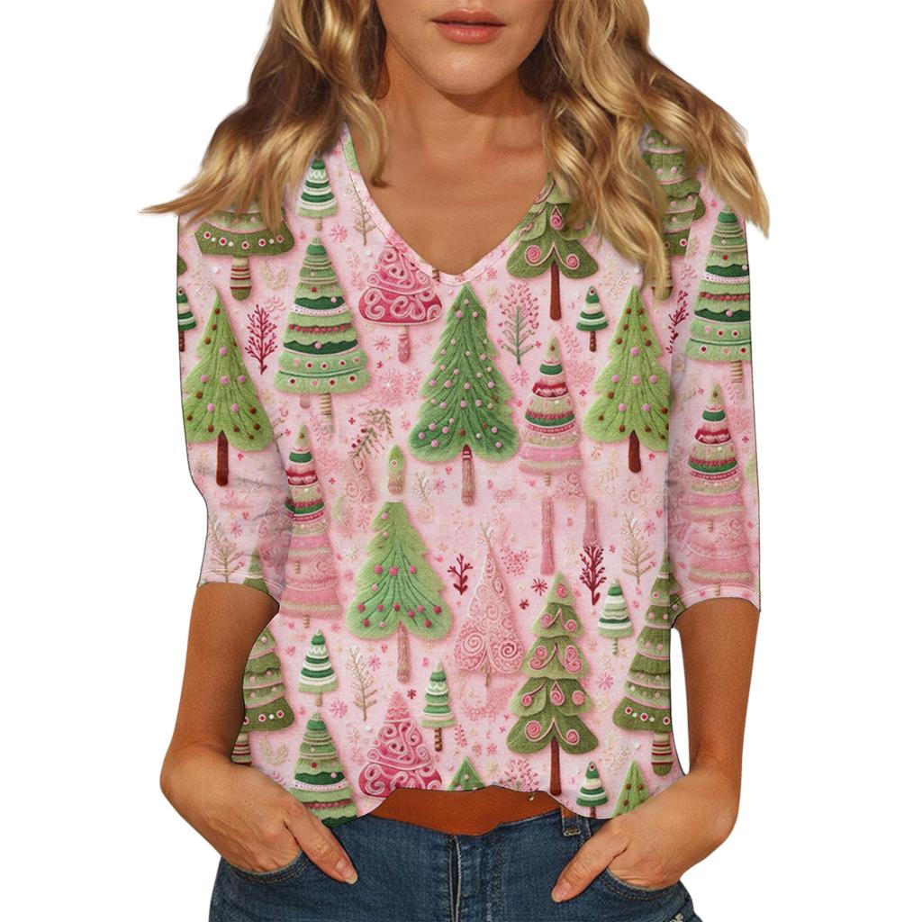 Women's Casual Fashionable Sexy Comfortable V-Neck Christmas Three-Quarter Sleeve Top