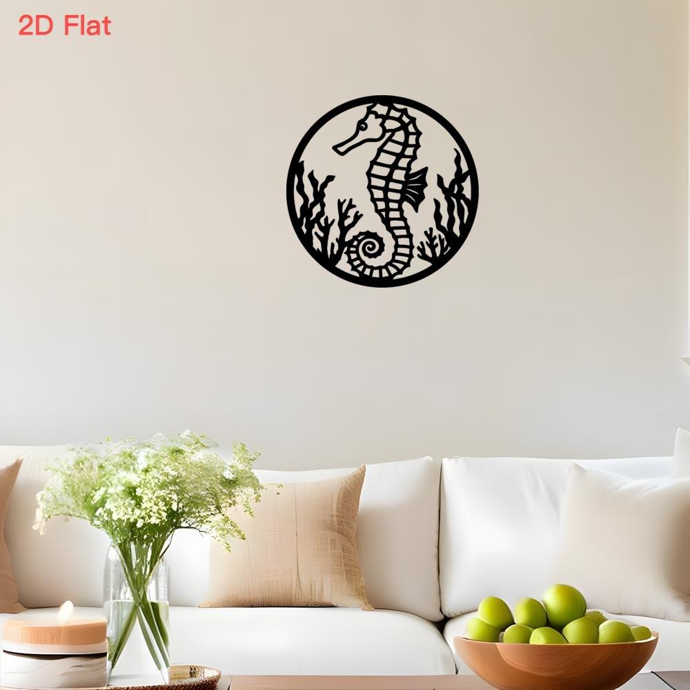 2D Flat Seahorse Metal Wall Art, Black Iron Laser Cut Ocean Decor with Seaweed, for Bedroom Living Room