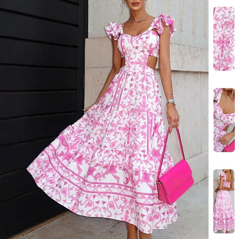 spring new women's clothing, European and American dresses, flying sleeves printed hollow waist super long dress 661
