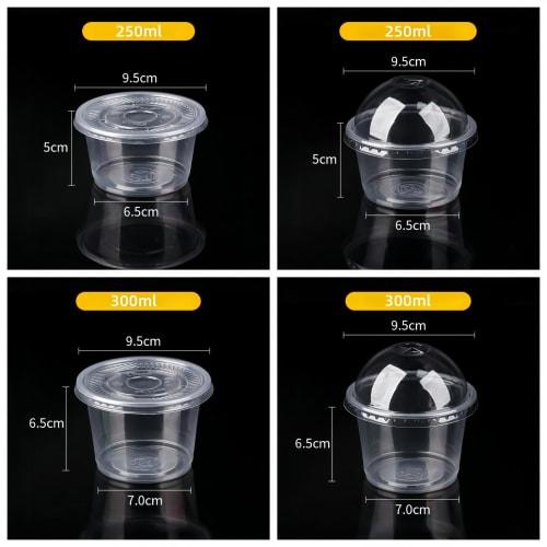 Set of 100 Disposable Dessert Cups with Lids, Large Capacity, Clear Plastic, for Pudding, Ice Cream, Jelly, and Sauces (Spherical Lid with Spoon, 300m