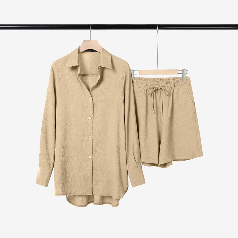 

ZANZEA Жіночий літній комплект з двох частин костюма з блузки з довгим рукавом та шортів 5XL хакі