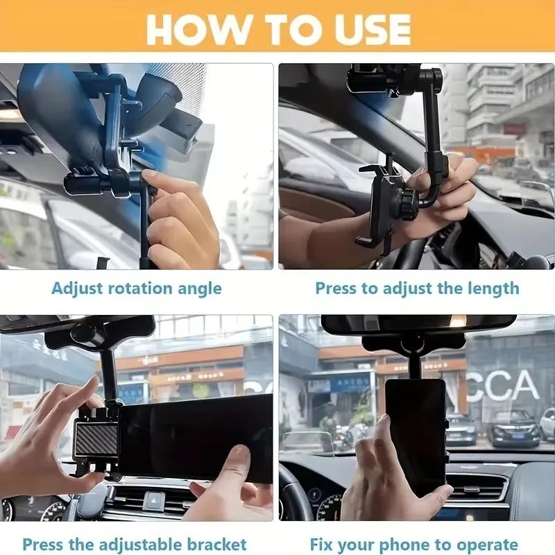 Car Rearview Mirror Phone Holder 360° Retractable Rotatable Cell Phone Holder Clip Phone GPS Support Mobile Phone Mount Stand
