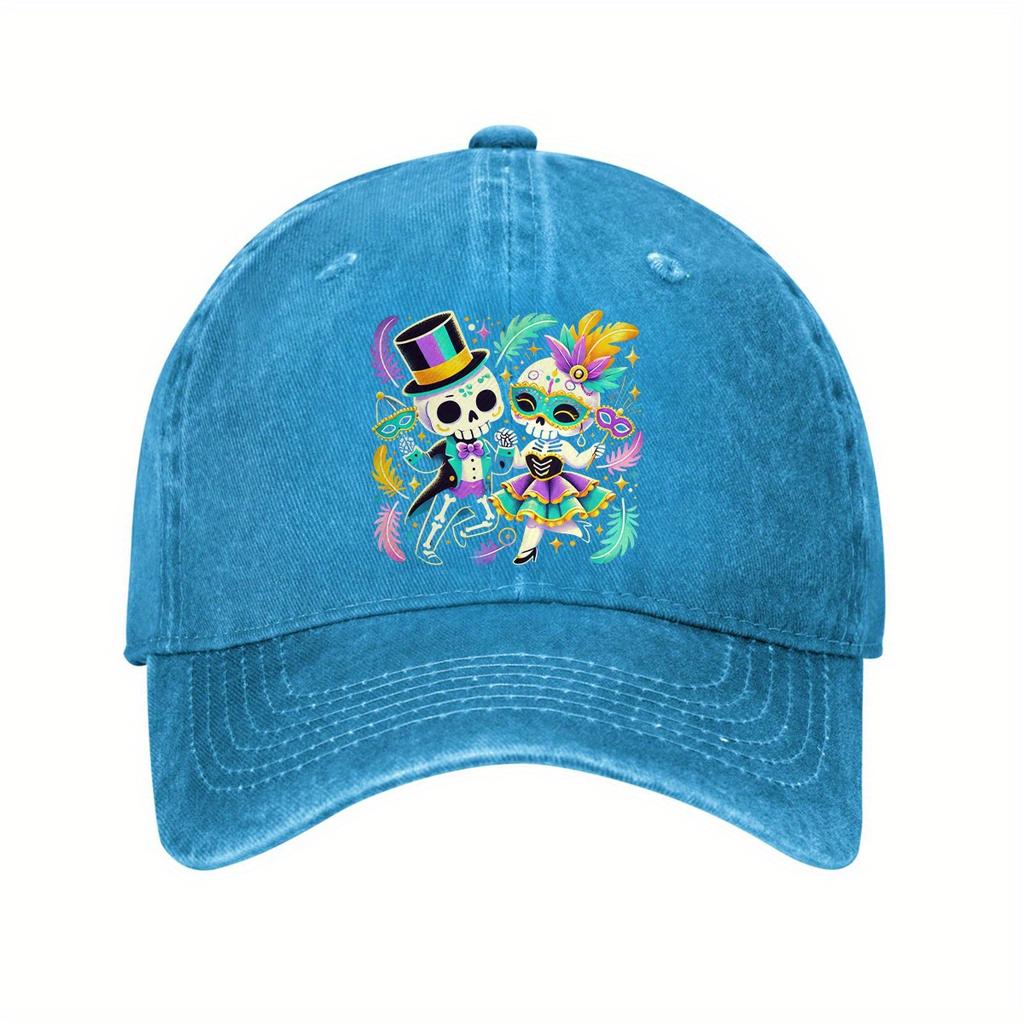 Mardi Gras Skeleton Couple Dancing Baseball Cap Adjustable Cotton Dad Hat Festive Graphic Casual Unisex Cap