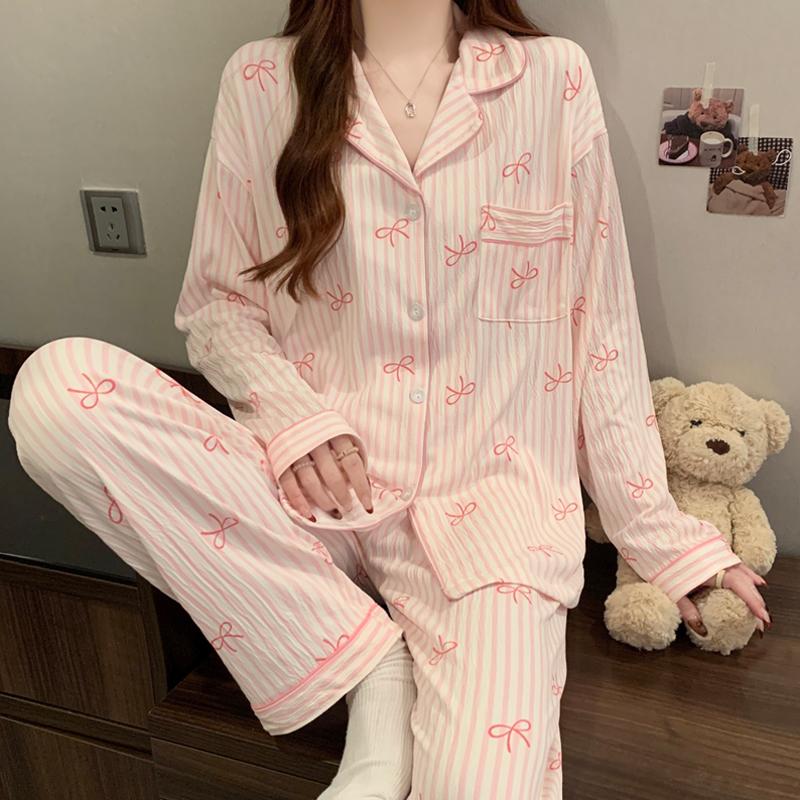 Pink Bow Design Pajamas for Women Long Sleeve Top Elastic Waist Pants Pajamas Set Harajuku Style Casual New Home Wear