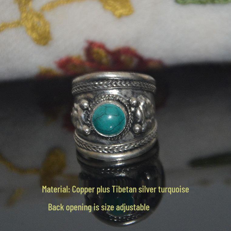 Tibetan Turquoise & Silver Ring, White Copper Open Style, Unisex Nepal Handicraft