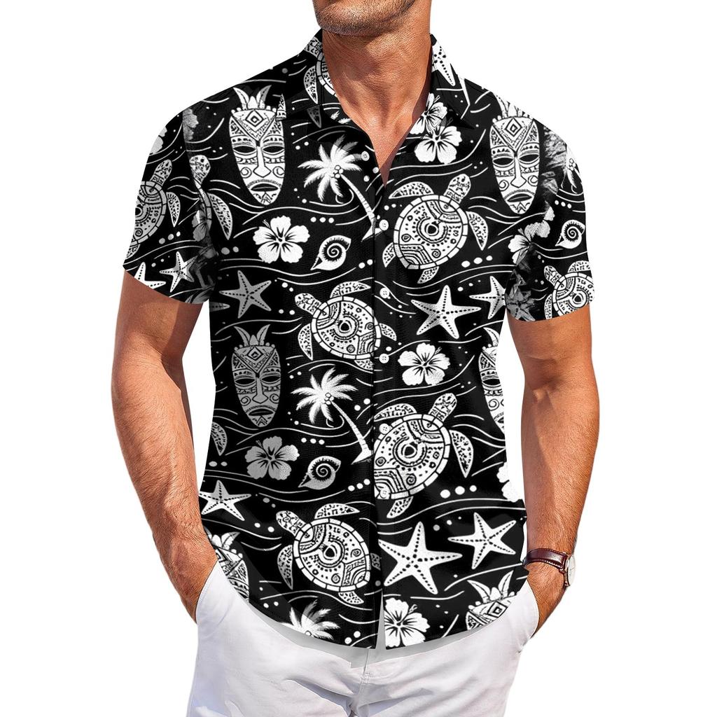 Men's Casual Loose Fit Short Sleeve Hawaiian Shirt Button Down Lightweight Summer Beach Shirt with Shark Print Design