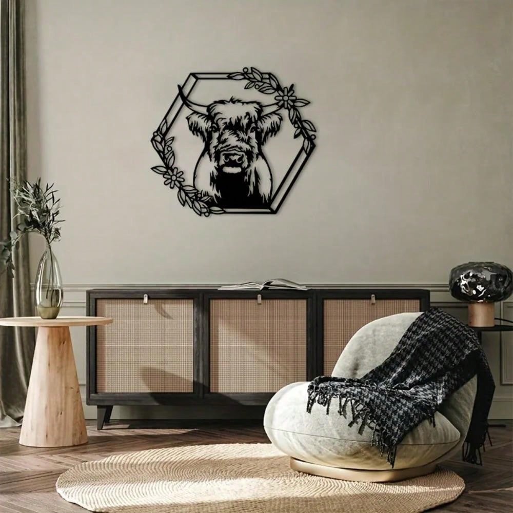 Wrought Iron Black Hexagon Animal Wall Art with Flower Sculpture Home Decor