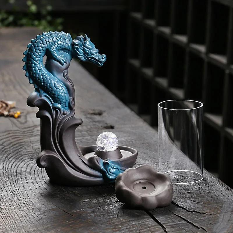 Dragon Backflow kadidlo s krytem odolným proti větru a LED světlem Vánoční domácí dekorace Lucky Feng Shui ozdoby – žádné kadidlo