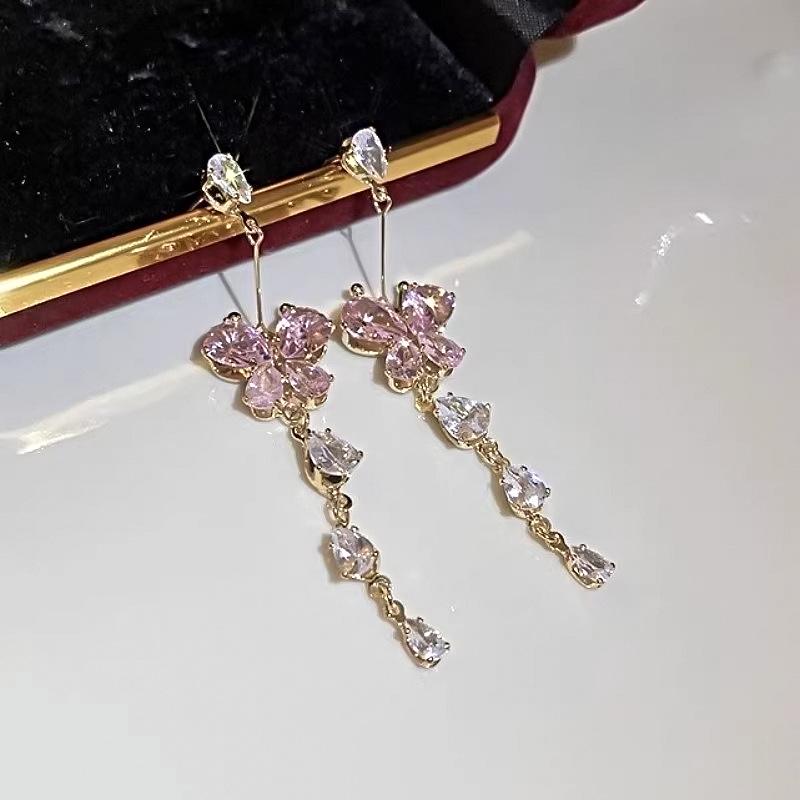 Elegant Pink Butterfly Tassel Dangle Earrings for Women - Versatile, High-End Fashion Jewelry