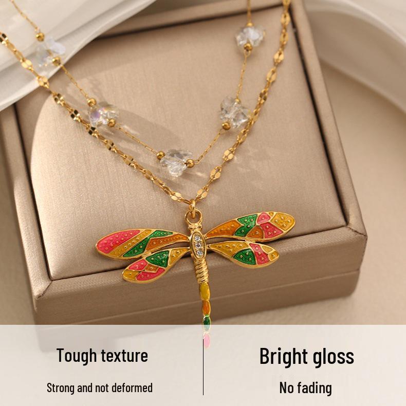 Colorful Dragonfly Pendant Necklace in 18K Gold-Plated Stainless Steel Clavicle Chain