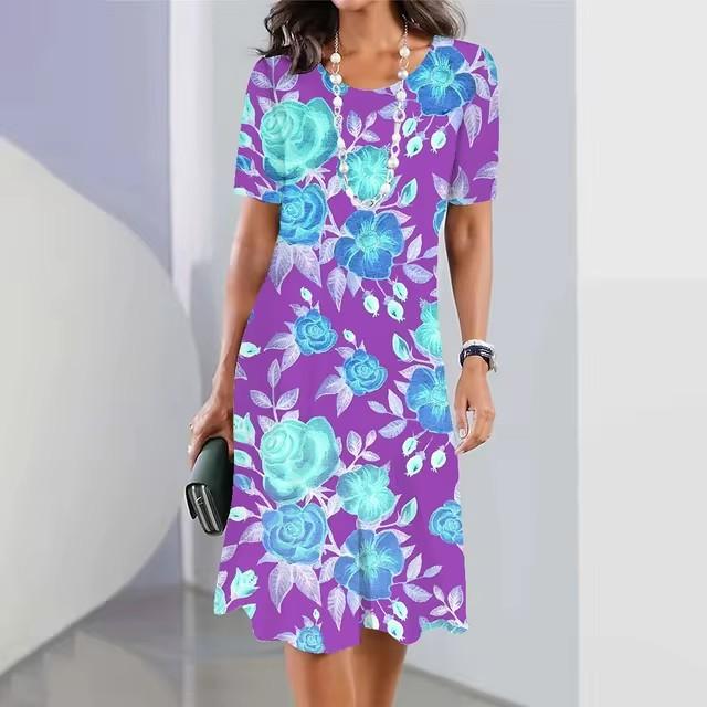 Elegantes Kurzarm 3D-Druckkleid Strand Sommer Midi-Kleider