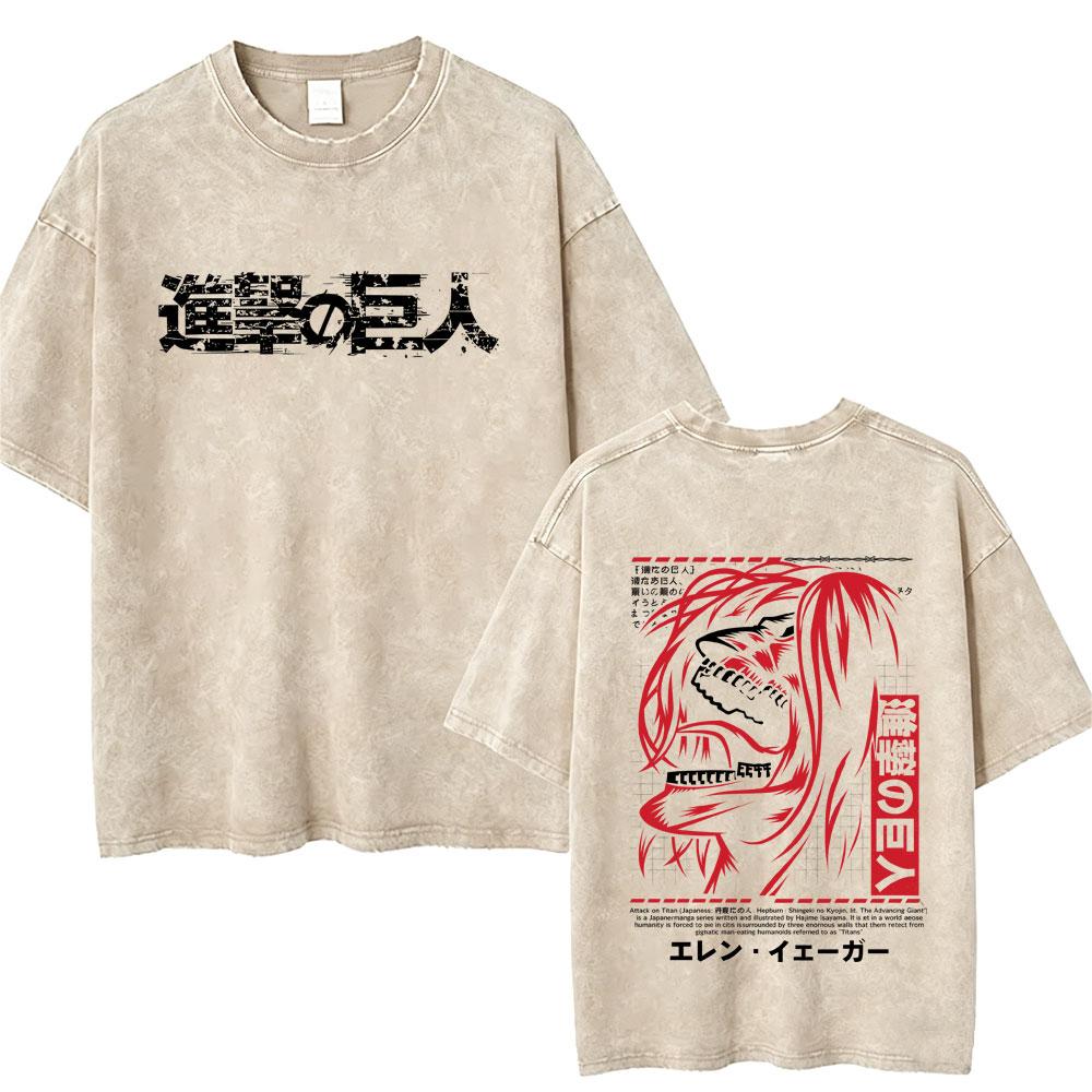 Washed Vintage Anime Attack on Titan Tshirts Eren Jaeger Graphic Tshirt Men Women Manga Retro Oversized Short Sleeve T Shirts