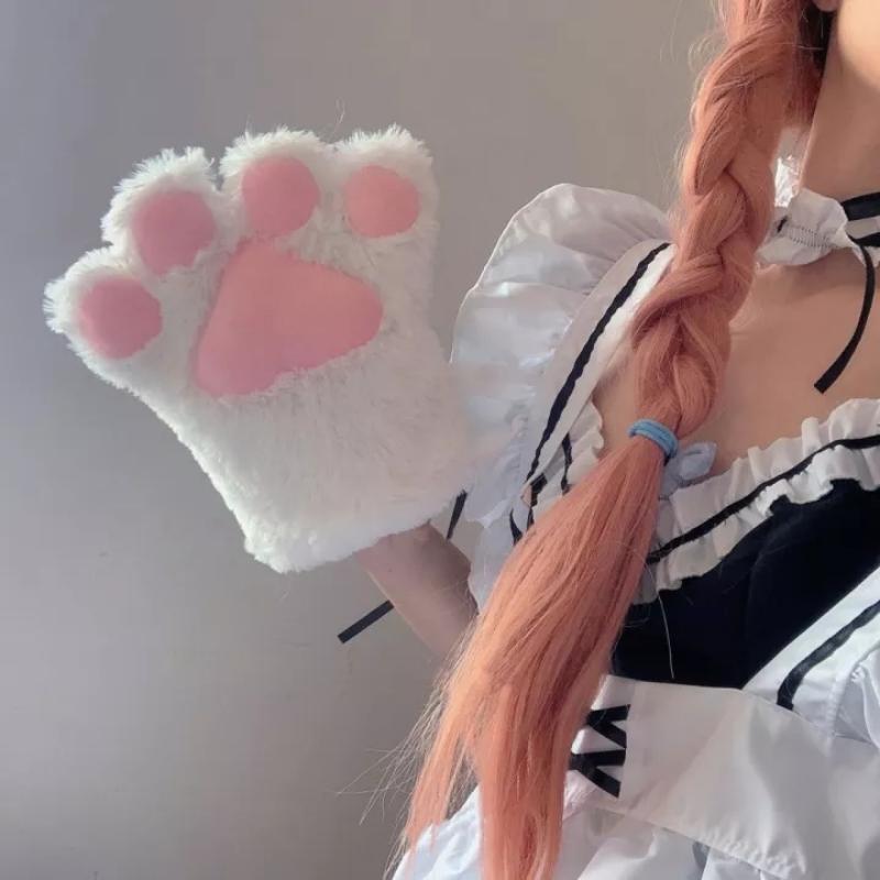Kawaii Cat Claw Paw Plush Gloves Women Winter Warm Short Fingerless Gloves Fluffy Bear Cat Mittens Costume Half Finger Mittens