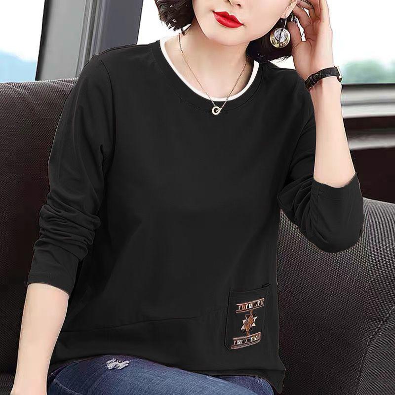 Herbst Übergröße Bestickte Tasche Langarm T-Shirt für Frauen mittleren Alters