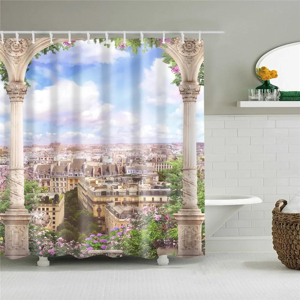 Paris Eiffeltornet Tryck Badrum Duschdraperi Vattentät Badrumsinredning Gardiner Bergskog Badrumsgardin Med Krokar