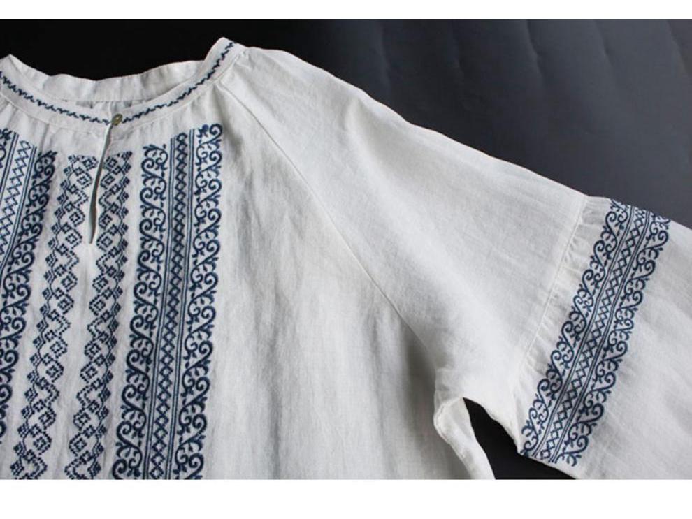 Women's Plus Size Cotton & Linen Shirt - Spring/Summer 2025 Ethnic Style with Wheat Ear Embroidery, Long Sleeve, Loose Fit.