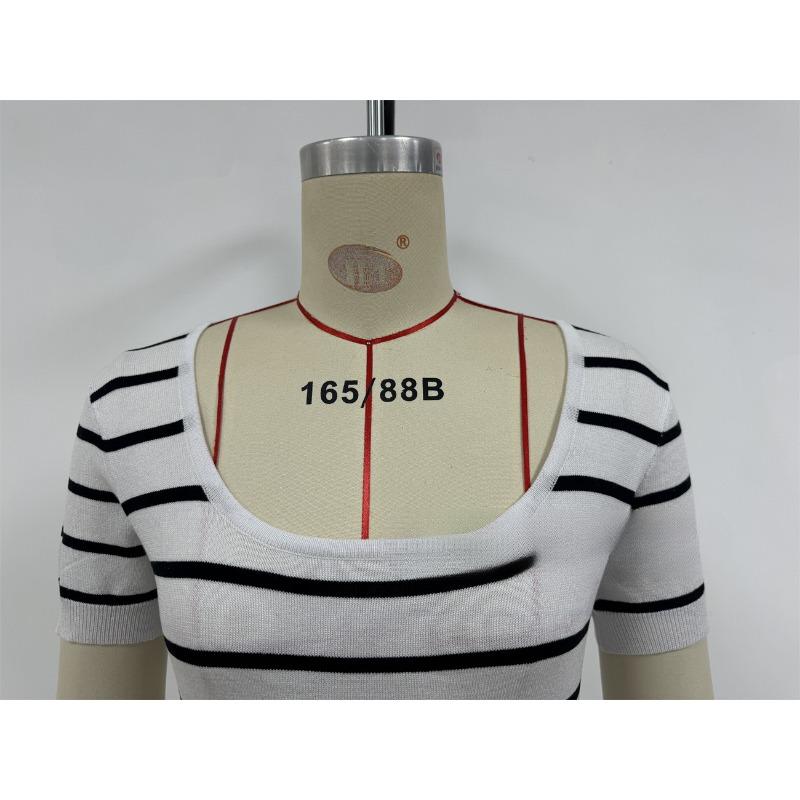 Women's Summer Sexy Knitted Striped Splicing Short Sleeve U Neck Long Dress