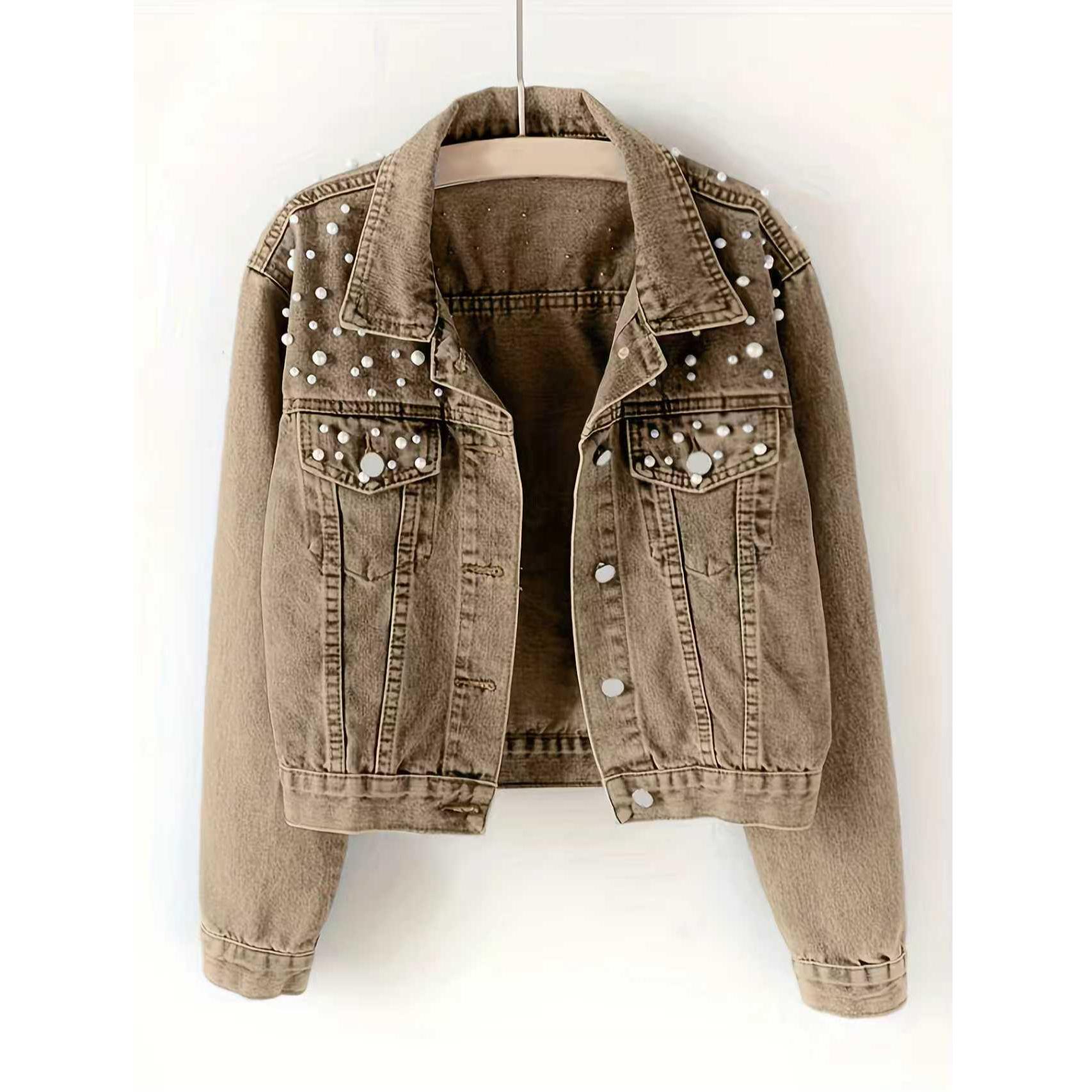 European Pearl-Embellished Plus Size Stretch Denim Jacket for Women 2XL
