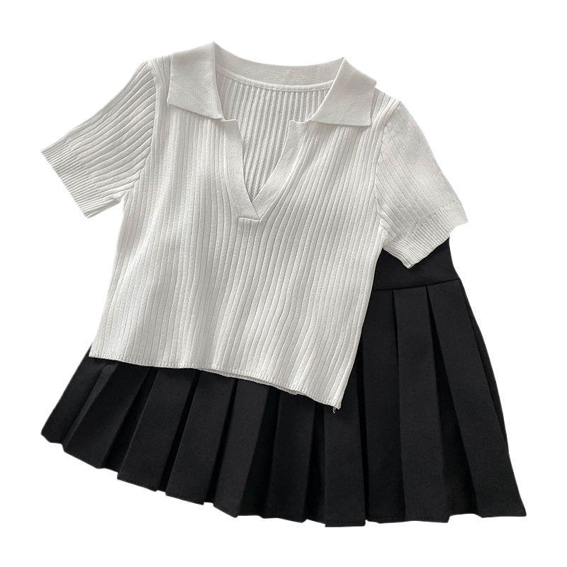 Salt-Style Summer Two-Piece: Knit Top & High-Waisted Pleated Skirt Set for Students