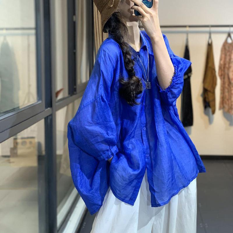 

DIMANAF 2023 Женская летняя блузка больших размеров Элегантная тонкая рубашка с рукавом крыла летучей мыши Женские топы Льняная мода Свободная рубашка чистого цвета