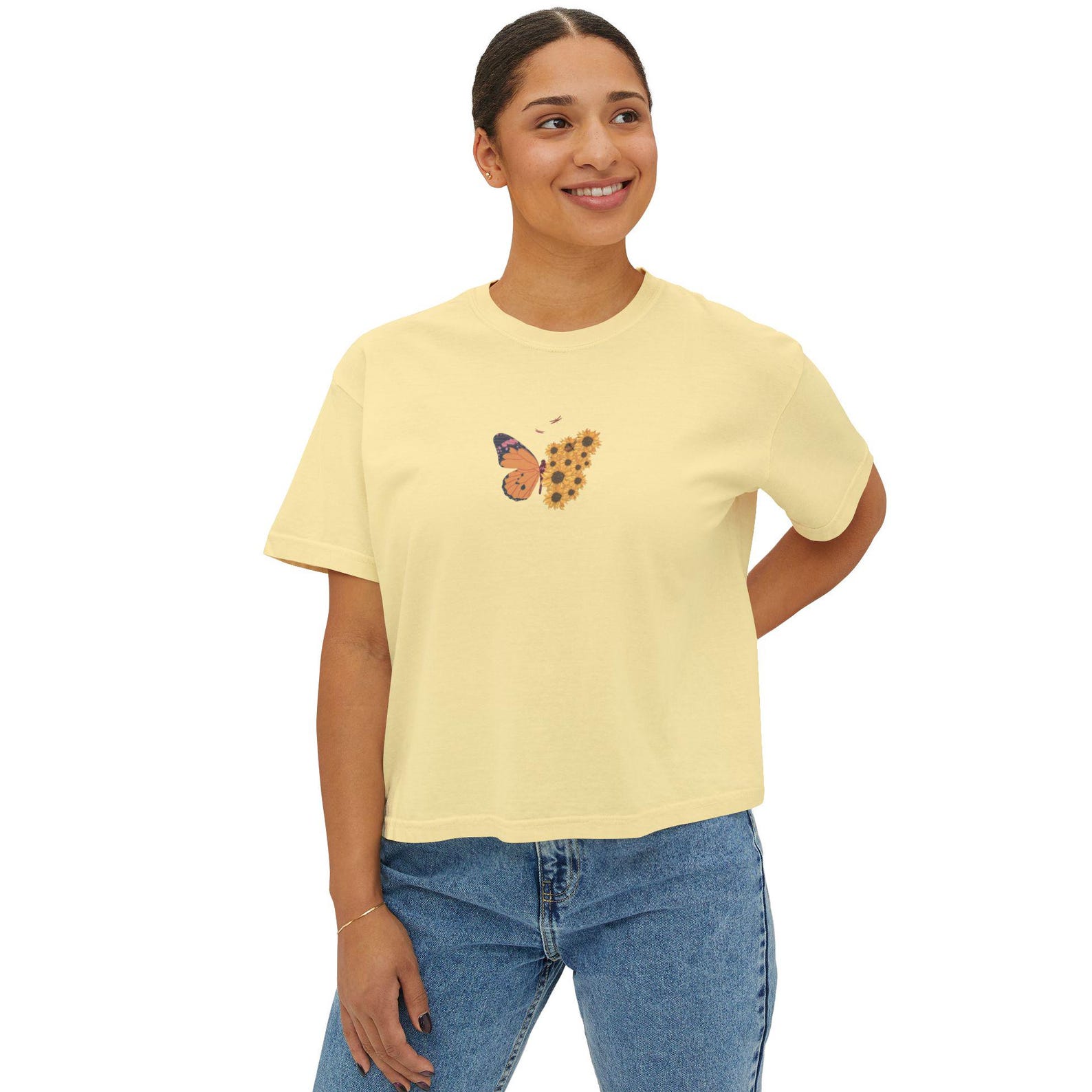 Boxy Sunflower Butterfly Graphic Tee | Vintage Pigment-Dyed Cotton Shirt M
