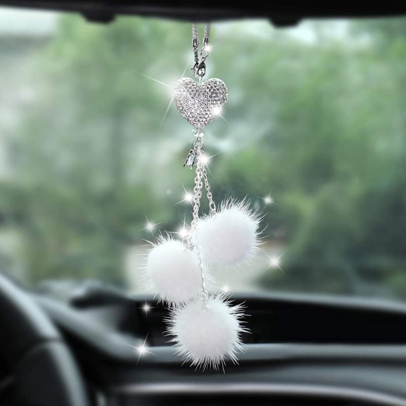 Bling Car Diamond-encrusted Love-shaped Ball Plush Pendant Cute Rearview Mirror Hanging Decoration