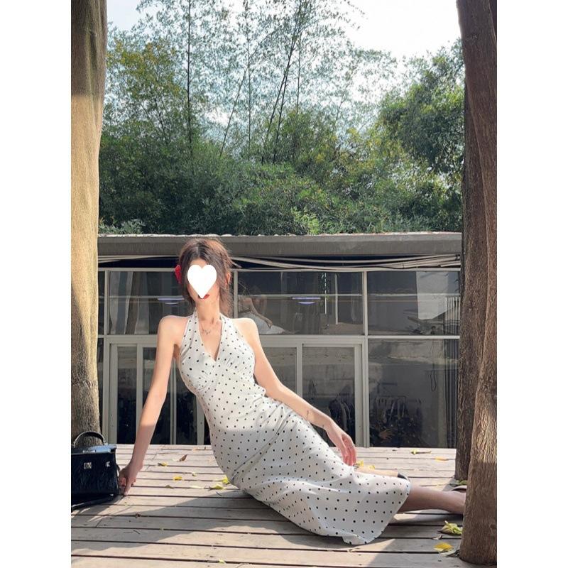 White polka dot v-neck neck dress women's summer sexy backless temperament medium and long skirt
